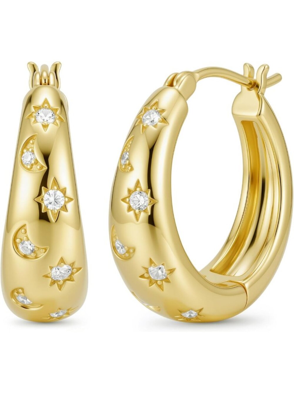 Chunky Gold Moon Star Huggie Hoop Earrings | 14K Celestial Jewelry Gift for Her